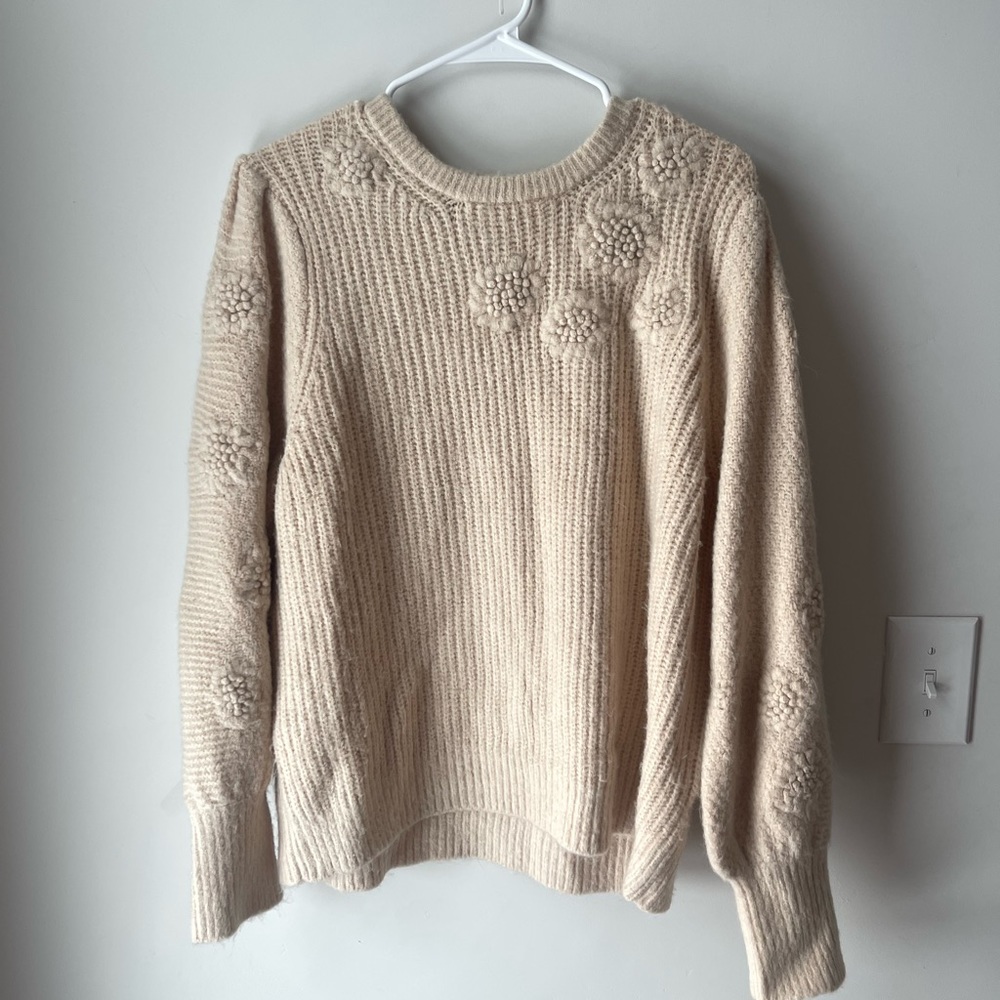 Cream Floral Embroidered Puff Sleeve Sweater